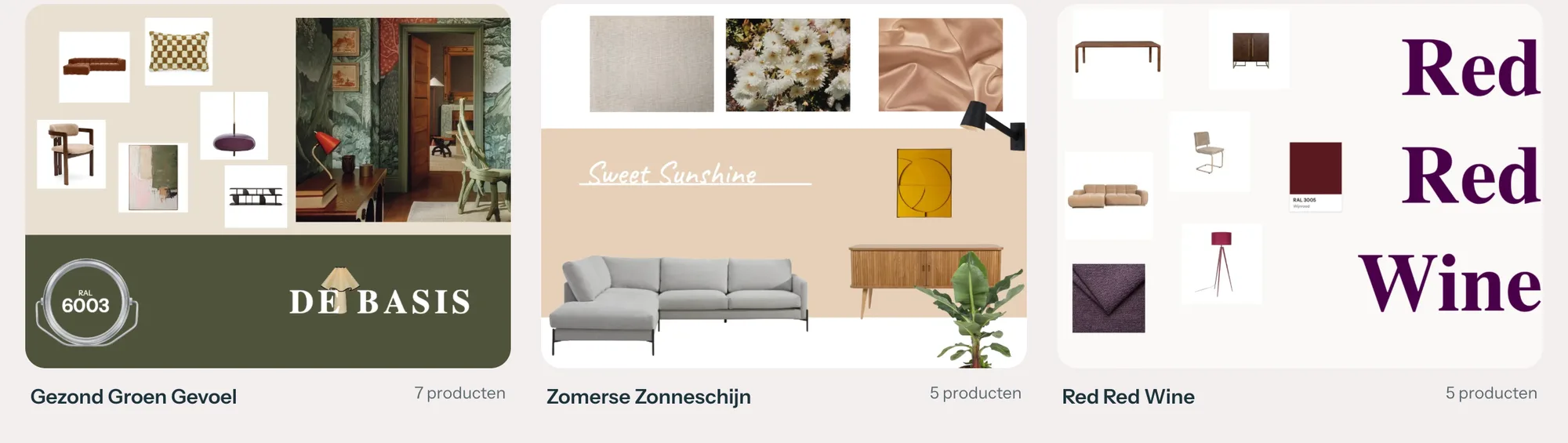 The inspiration page with boards by other people, filtered by room and colour.